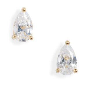 NWT Nordstrom Sterling Silver Clear Gold Pear Stud Earrings Cubic Zirconia Drop‎